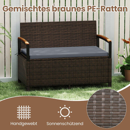 Polyrattan Outdoor Bench with Storage & Cushion, Grey
