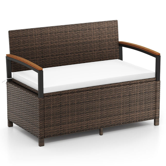 Polyrattan Outdoor Bench with Storage & Cushion, White