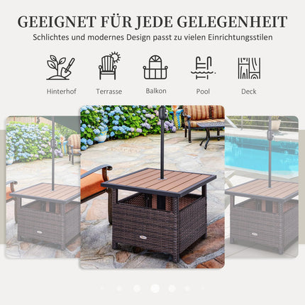 Brown patio table in poly rattan with umbrella stand, 55.5 cm
