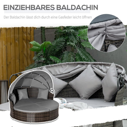 Sun lounger in poly rattan with foldable canopy, grey