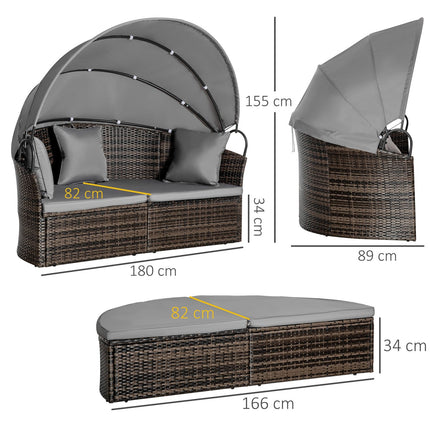 Sun lounger in poly rattan with foldable canopy, grey
