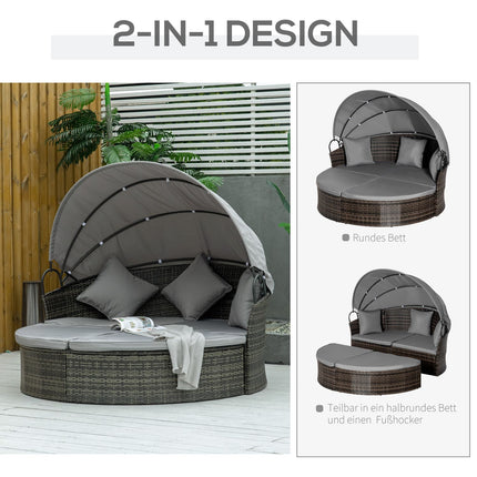 Sun lounger in poly rattan with foldable canopy, grey