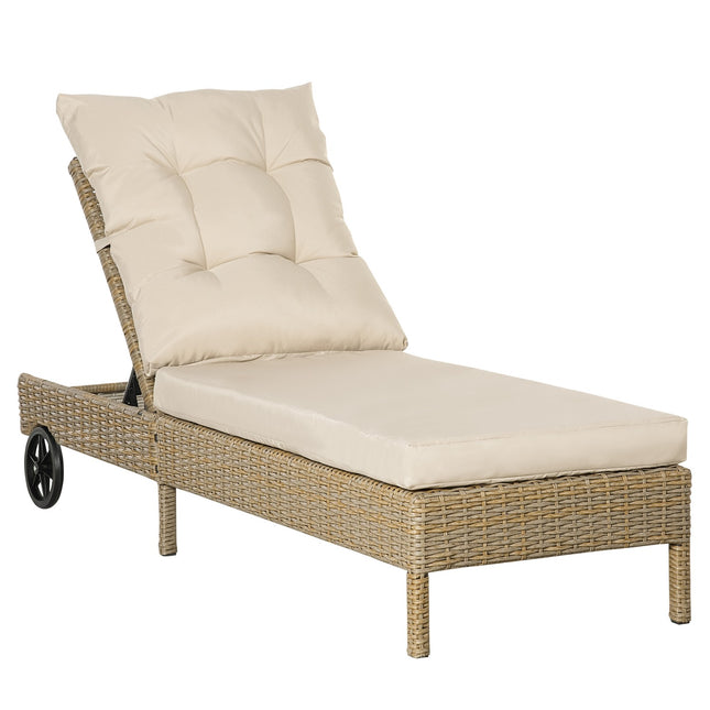 Adjustable sun lounger in poly rattan with cushion, Khaki