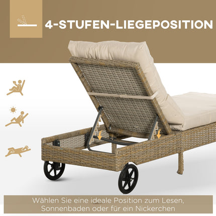 Adjustable sun lounger in poly rattan with cushion, Khaki