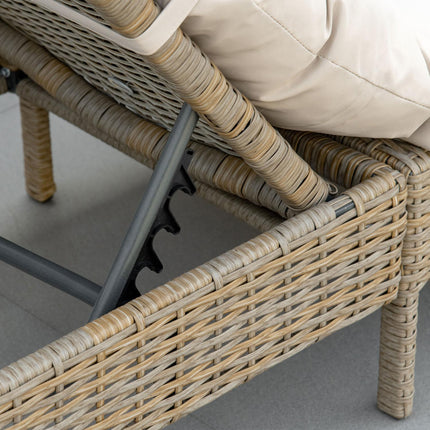 Adjustable sun lounger in poly rattan with cushion, Khaki