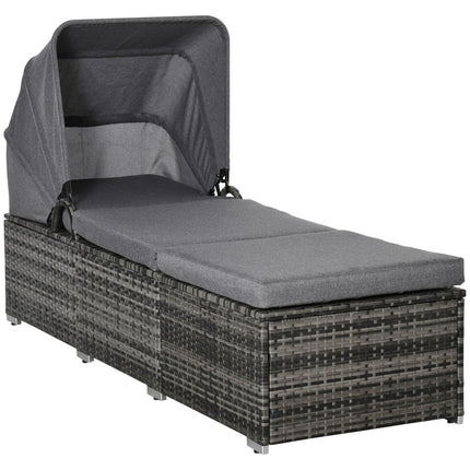 Sun lounger in rattan with canopy and cushion, Gray 195 x 65 cm