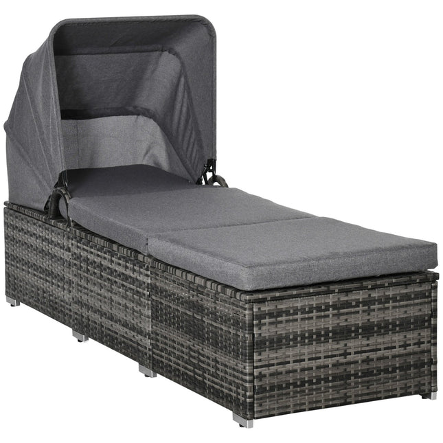 Sun lounger in rattan with canopy and cushion, Gray 195 x 65 cm