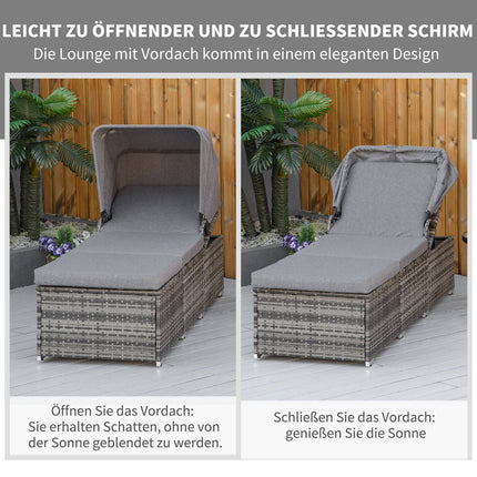 Sun lounger in rattan with canopy and cushion, Gray 195 x 65 cm
