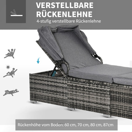 Sun lounger in rattan with canopy and cushion, Gray 195 x 65 cm