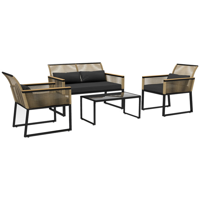 Polyrotan tuinmeubelset voor 4 personen, weerbestendige balkonmeubelset met 2 banken, 2 stoelen, glazen tafel zitkussens, buitenzitgroep, terrasmeubilair tuinset voor tuinbalkon, zwart Aosoom