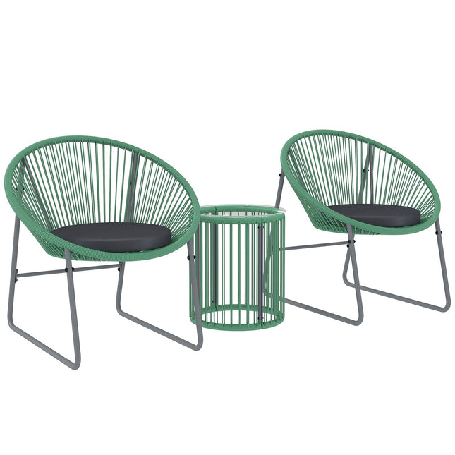Polyrotan tuinmeubelset, outdoor lounge balkonmeubel voor 2 personen, 3-delige zitgroep met 2 stoelen, bijzettafel, kussens, weerbestendige tuinlounge voor in de tuin, terrasbalkon, groen