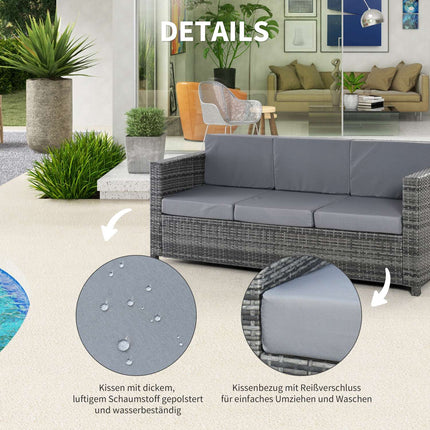 3 Seater Poly Rattan Garden Sofa with Cushions - Grey