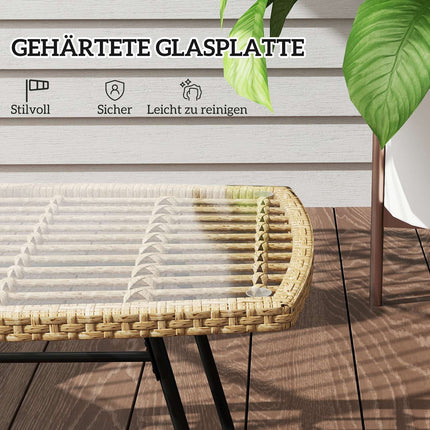 Outdoor poly rattan side table, UV resistant, glass top