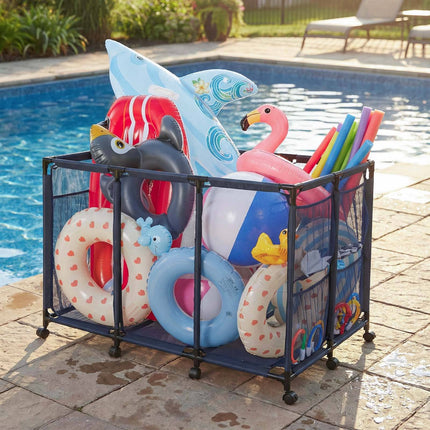 Pool Float Storage Bin, 125x84x84 cm, Rolling Mesh, Side Pockets