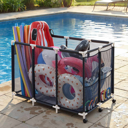 Pool Float Storage Organizer – Rolling Mesh Bin With Pockets