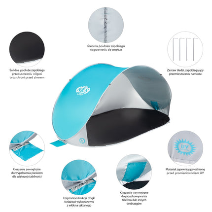 Pop Up Beach Tent, Turquoise-Grey, UV Protection