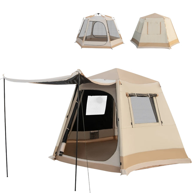 Pop-Up Camping Tent, Auto Setup, 4-6 Person, Beige