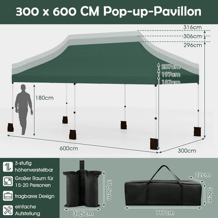 Pop-Up Canopy Tent 300x600 cm, Adjustable Height, Green