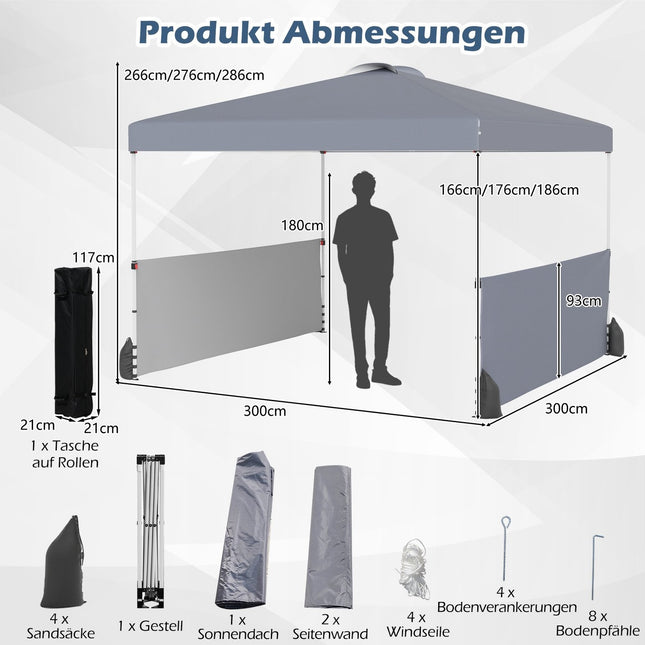 Pop-up paviljoen 3x3m met 2 zijwanden, tas, grijs