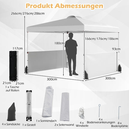 Pop-Up Pavilion 3x3m with Sides, Bag, Wind Ropes, White