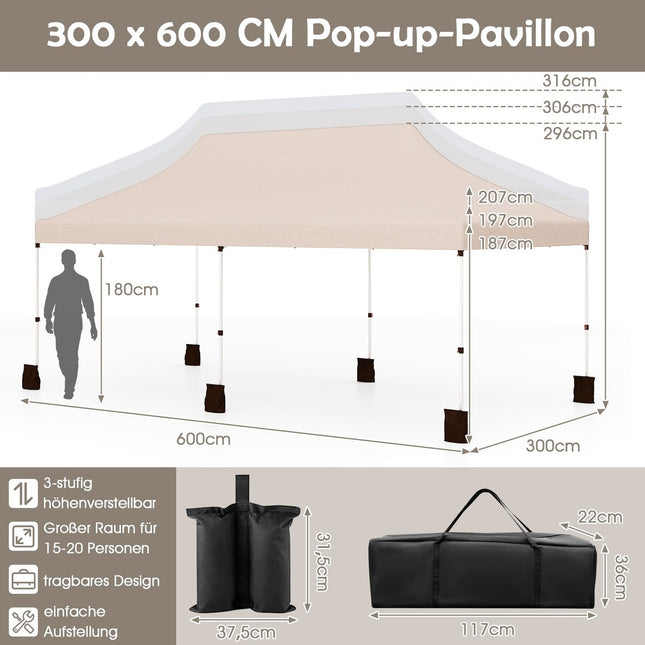 Pop-up paviljoen 3x6m, verstelbare hoogte, beige, UV-bescherming