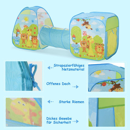 Children's play tent with 3-part folding tunnel, polyester fabric
