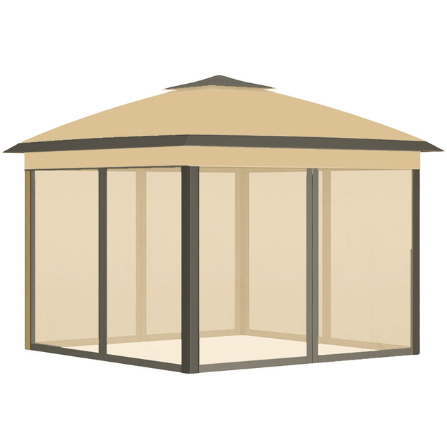 Tuinpaviljoen 3,3 x 3,3 m, waterafstotend winterbestendig pop-up vouwpaviljoen met dubbel dak, UV-bescherming, opvouwbare partytent tuintent met zijpanelen, zak tuinpaviljoen voor kampeertuin, beige