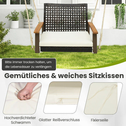 Porch swing made of rattan single hanging seat made of wicker with seat cushion 81.5 x 70 x 53.5 cm