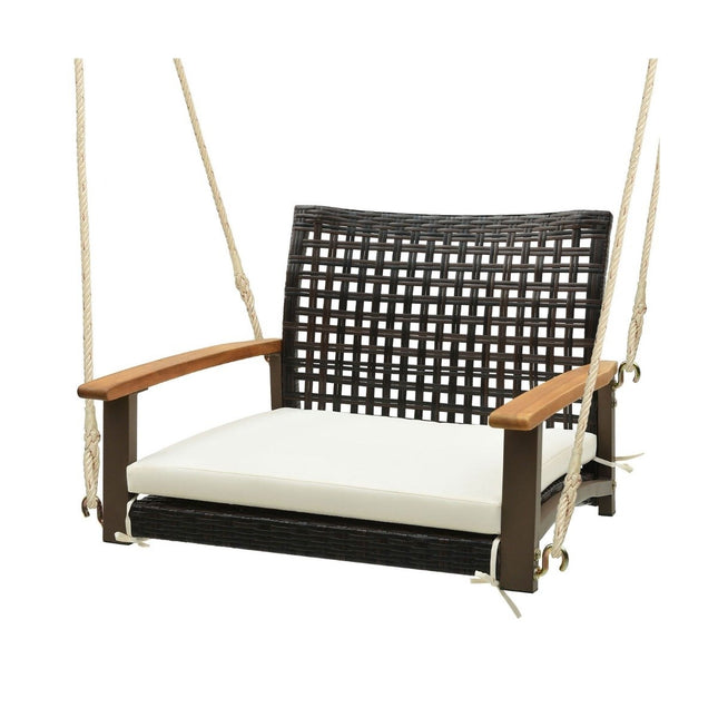 Porch swing made of rattan single hanging seat made of wicker with seat cushion 81.5 x 70 x 53.5 cm