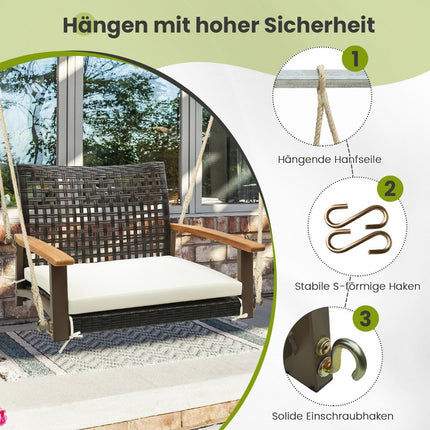 Porch swing made of rattan single hanging seat made of wicker with seat cushion 81.5 x 70 x 53.5 cm