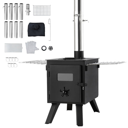 Portable Camping Tent Wood Stove With 8 Chimney Pipes, Gloves