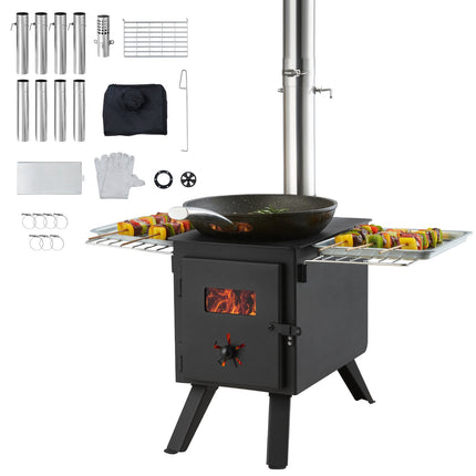 Portable Camping Tent Wood Stove With 8 Chimney Pipes, Gloves
