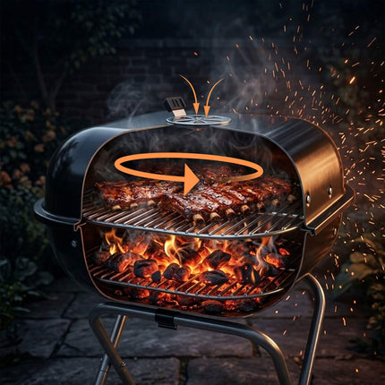 Portable Charcoal BBQ with Lid & Wheels, Black Steel