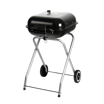 Portable Charcoal BBQ with Lid & Wheels, Black Steel