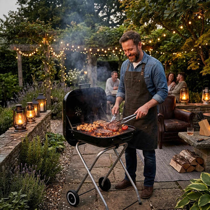 Portable Charcoal BBQ with Lid & Wheels, Black Steel