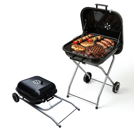 Portable Charcoal BBQ with Lid & Wheels, Black Steel