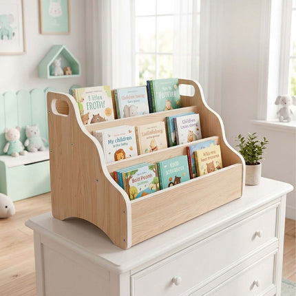 Portable Children's Bookcase – Natural Wood, 3-Tier MDF