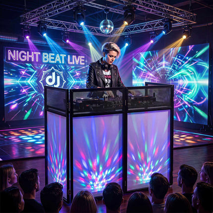 Portable DJ Booth with Adjustable Feet and Black Scrims