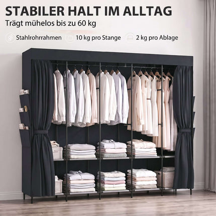 Portable Fabric Wardrobe, Dustproof, 5 Rods, Black, 212x45x167 cm