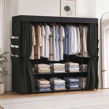 Portable Fabric Wardrobe, Dustproof, 5 Rods, Black, 212x45x167 cm