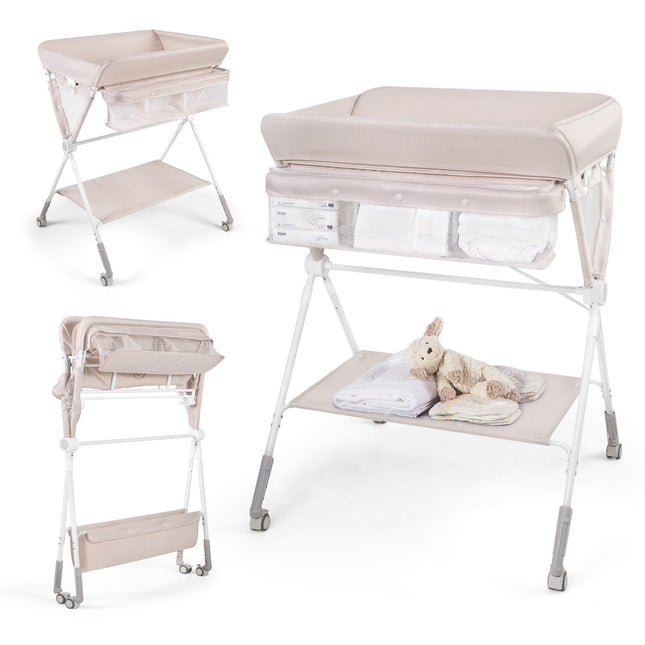Portable Folding Changing Table with Adjustable Height & Lockable Wheels
