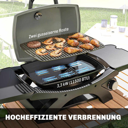 Portable Gas Grill with 3.3 kW Burner and Side Tables