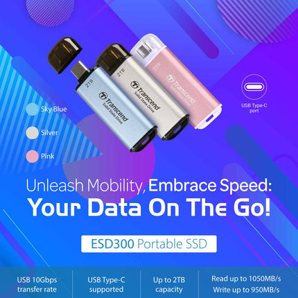 Portable Mini SSD ESD300C USB-C 500Gb 10Gbps (R1050/W950 Mb/s) Silver