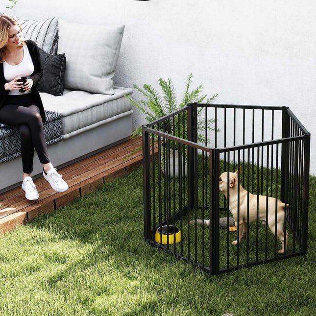 Portable Pet Playpen, 5 Panels, Black Steel Fence