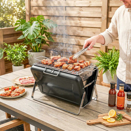 Portable Stainless Steel Charcoal Grill, Folding Legs, 40x28x25.5 cm