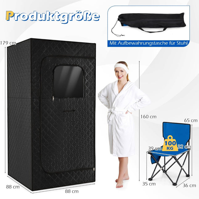 Portable Steam Sauna with Chair & Mat – Black, 88x88x179 cm