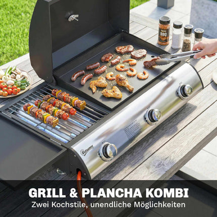 Portable Tabletop Gas Grill, 3 Burners, Enamel Grates