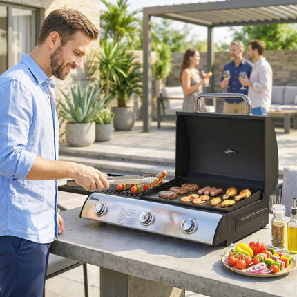 Portable Tabletop Gas Grill, 3 Burners, Enamel Grates