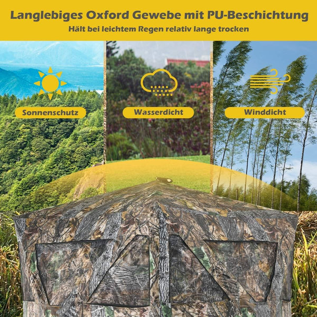 Portable hunting tent with ground spikes & lashing straps & carry bag for 3 people camouflage