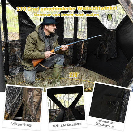 Portable hunting tent with ground spikes & lashing straps & carry bag for 3 people camouflage